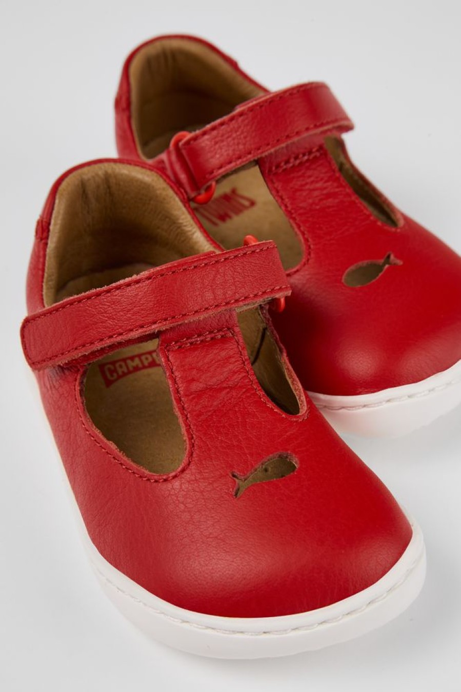 Kids CamperLab Hook And Loop | Red Leather T-Strap Shoe