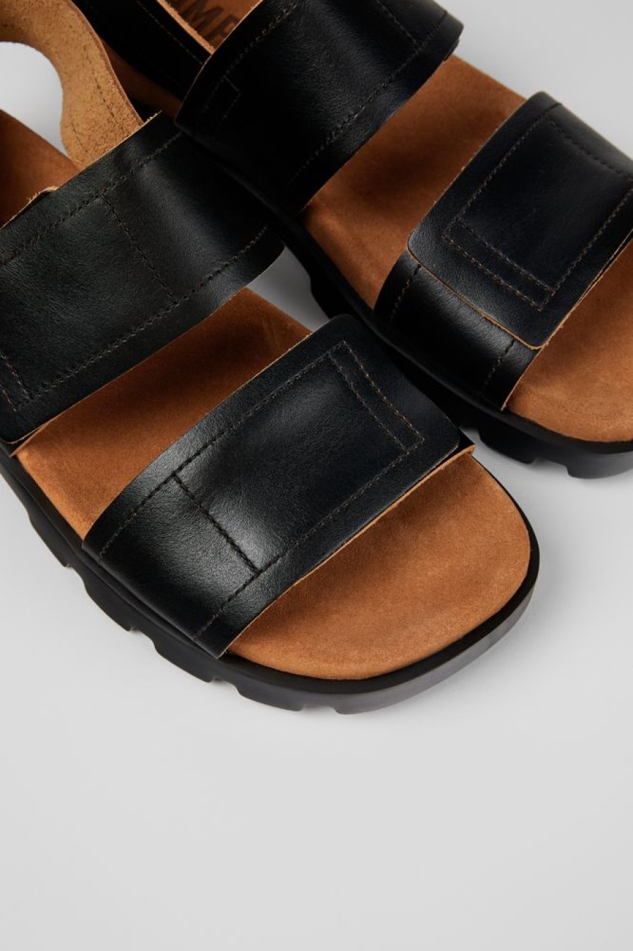 Men CamperLab Sandals | Black Leather 2-Strap Sandal For Men