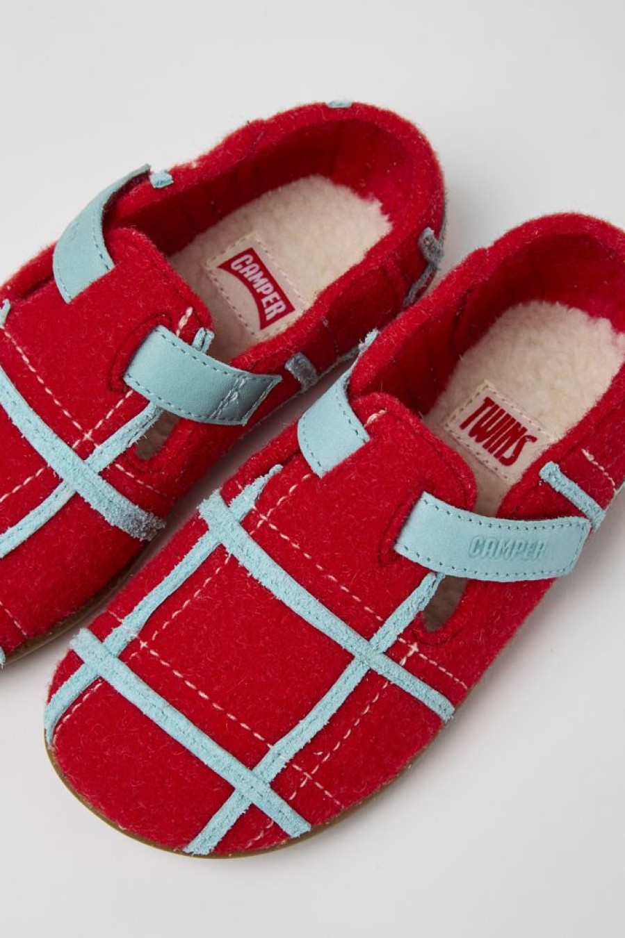 Kids CamperLab Hook And Loop | Red Natural Wool Slippers