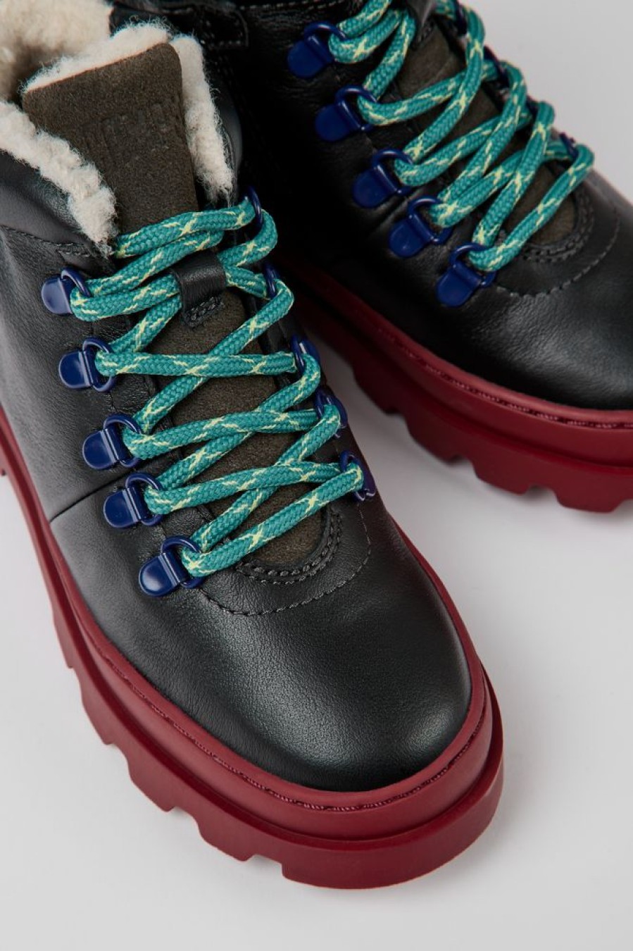 Kids CamperLab Boots | Black Leather And Nubuck Lace-Up Boots