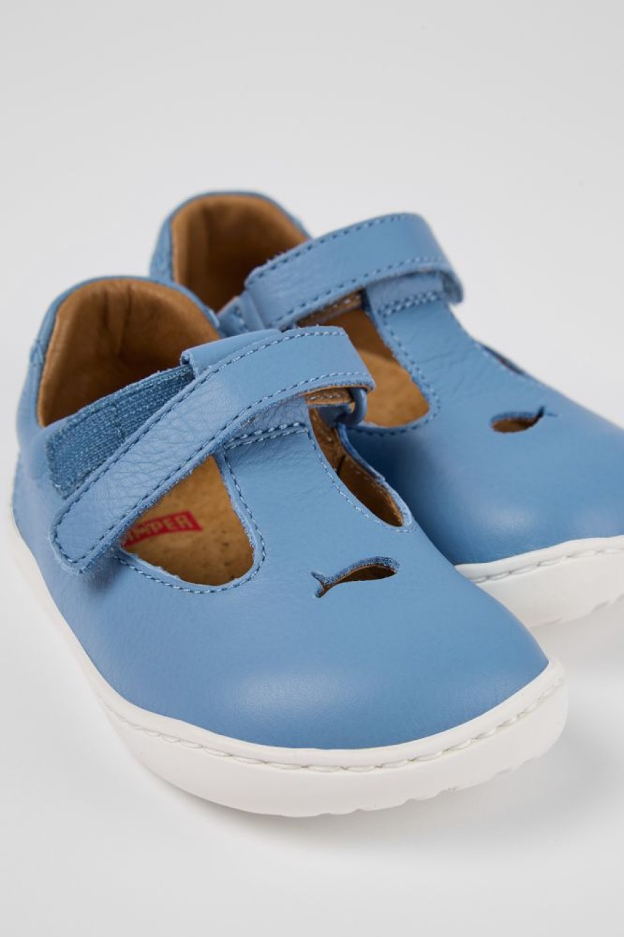 Kids CamperLab Hook And Loop | Blue Leather T-Strap Shoe