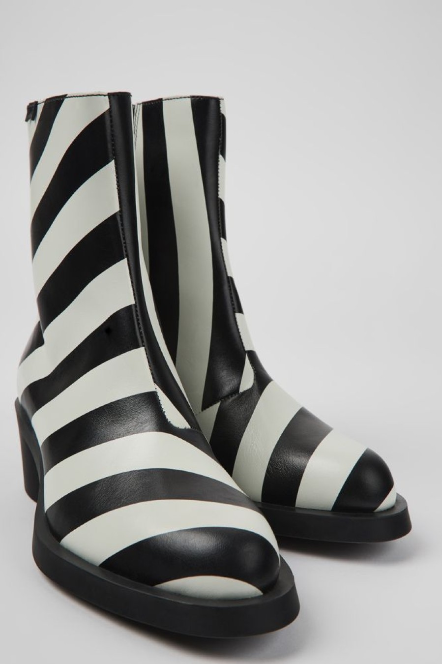 Women CamperLab Ankle Boots | Black And White Striped Leather Boots For Women