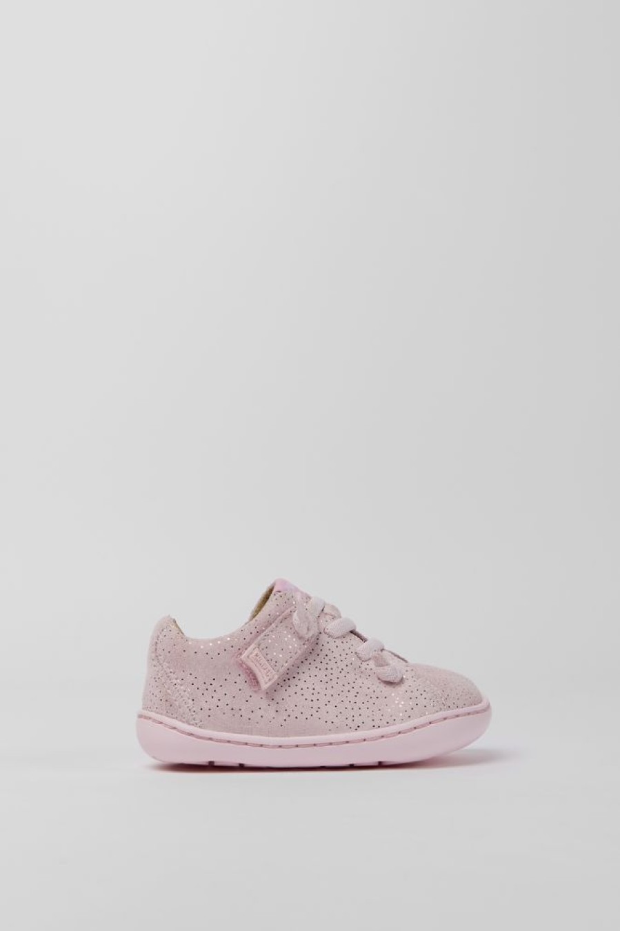 Kids CamperLab Hook And Loop | Pink Nubuck Shoes With Glitter Effect For Girls