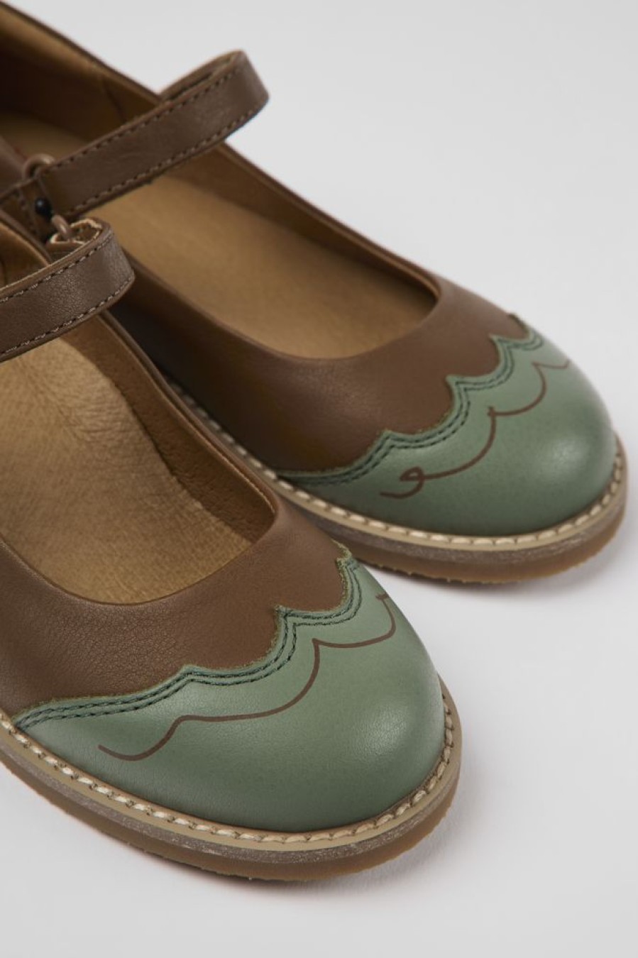 Kids CamperLab Ballerinas | Brown And Green Leather Ballerinas For Kids