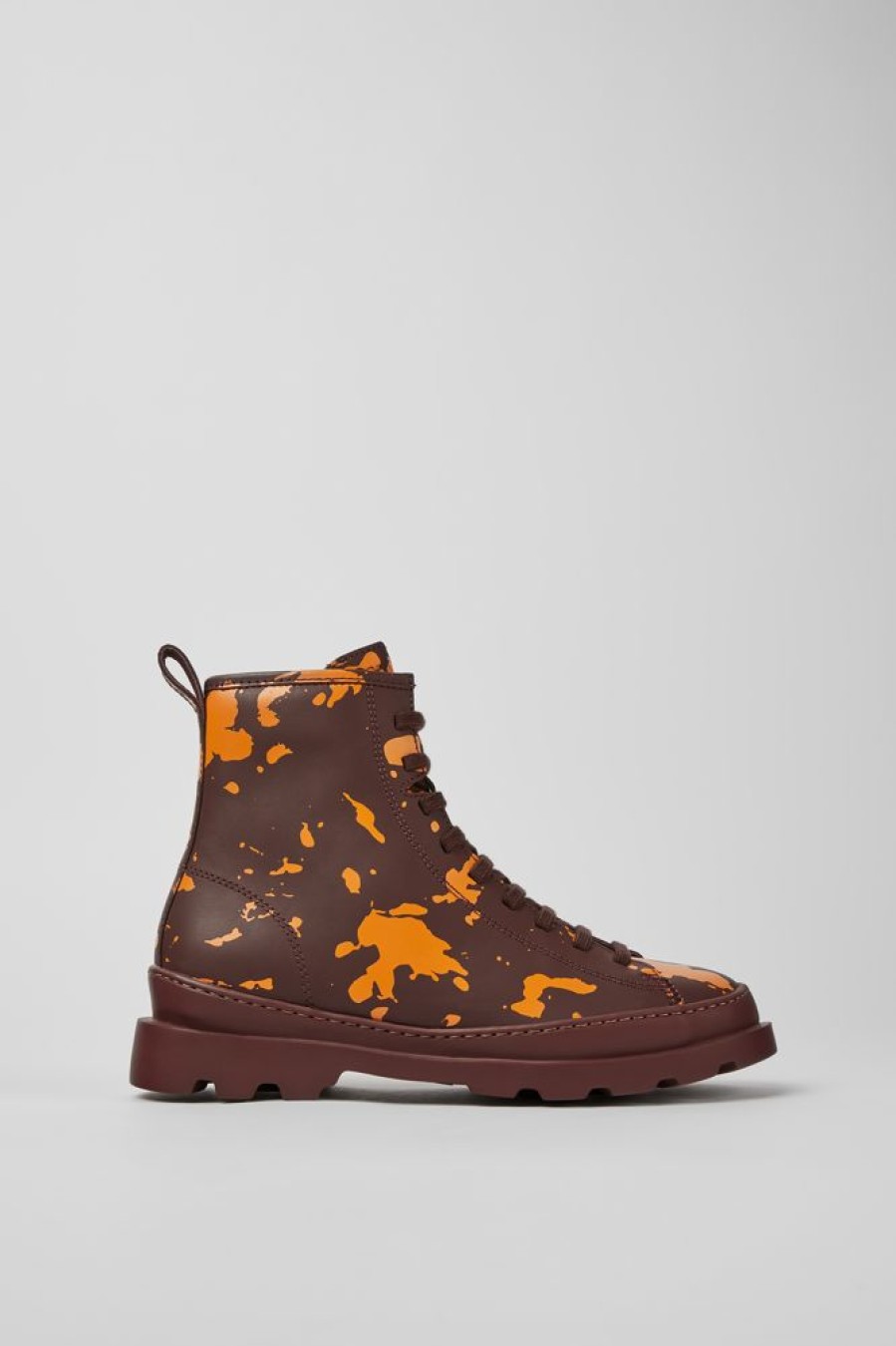 Women CamperLab Ankle Boots | Burgundy And Orange Printed Leather Ankle Boots For Women